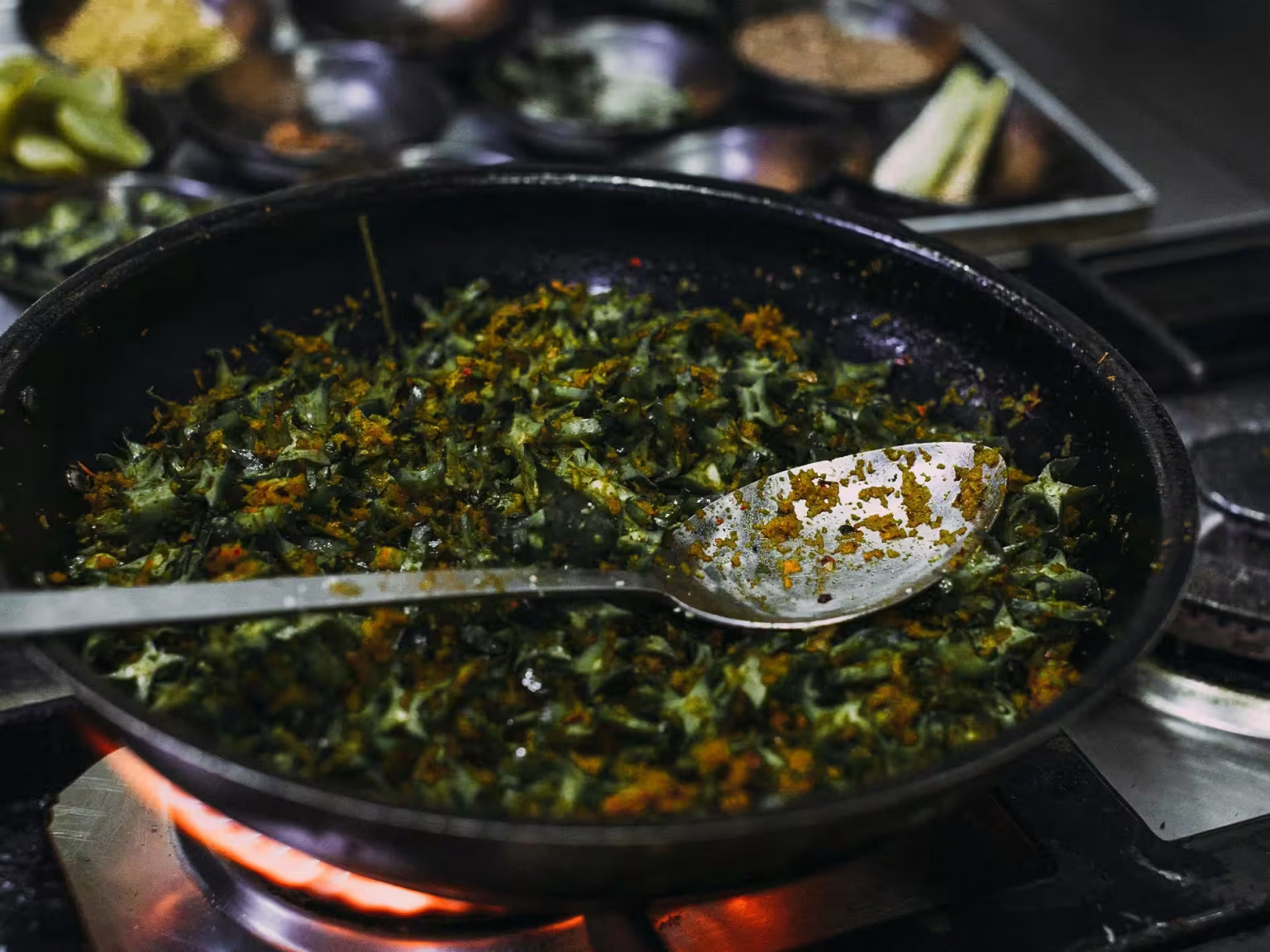 Cooked greens in a pan, everyday Tanzanian food