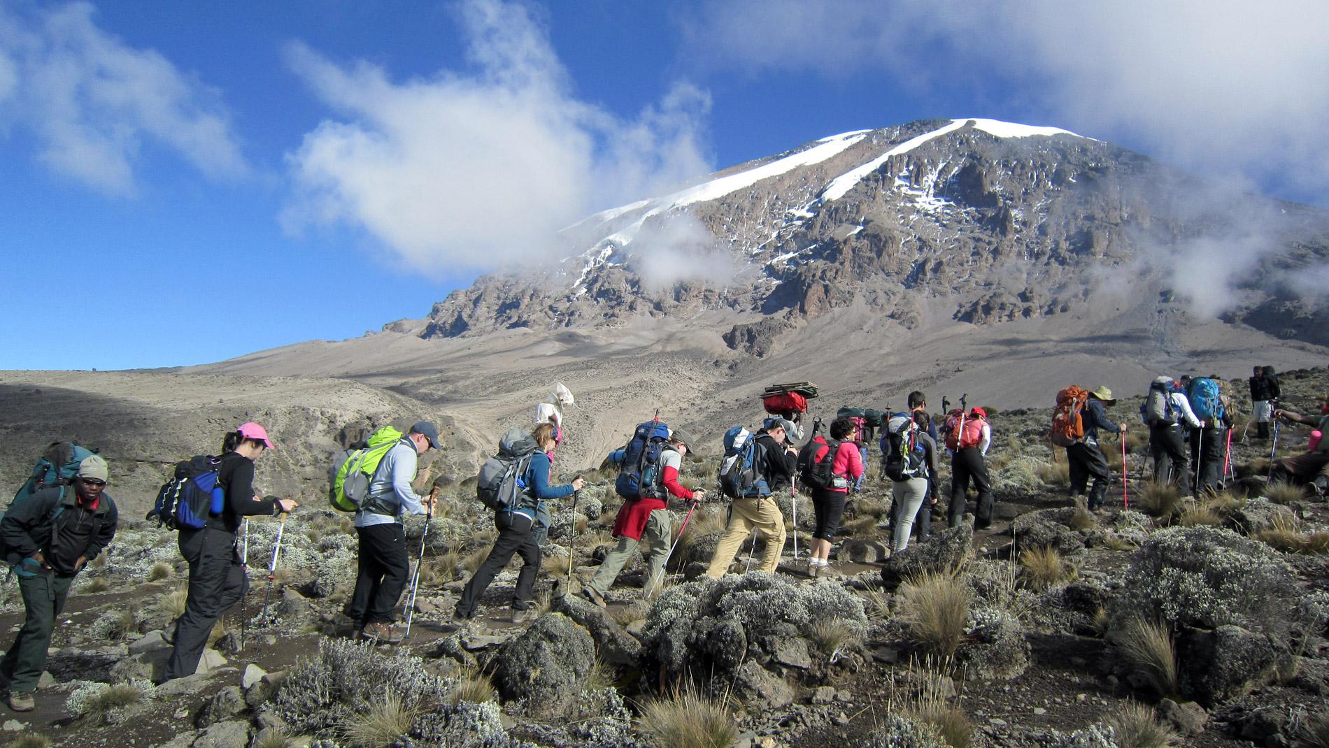 A group of trekkers walking over rocky ground below Kibo's snowy summit